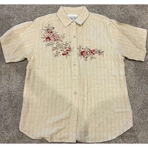Casey & Max Women’s L Vintage Floral Embroidered Shirt Beige Linen